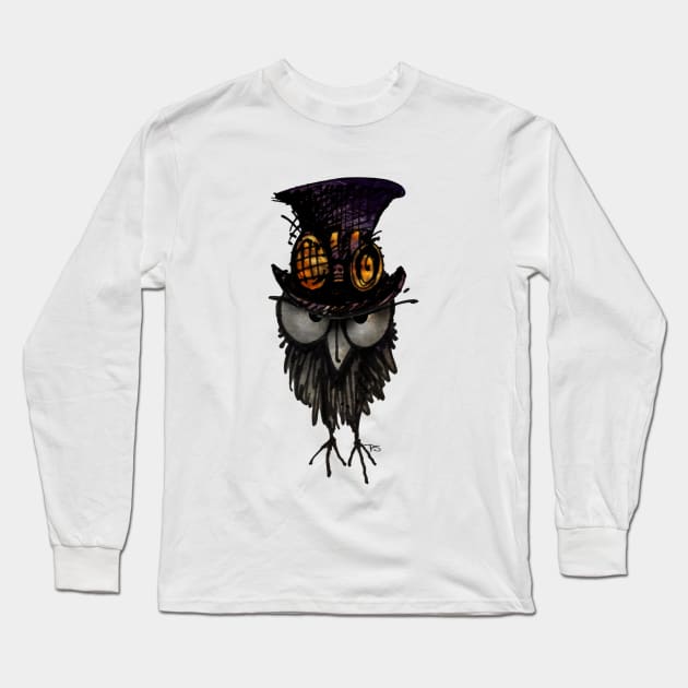 Funny Grumpy Steampunk Owl in a Steampunk Top Hat and Brass Goggles Long Sleeve T-Shirt by PaulStickland